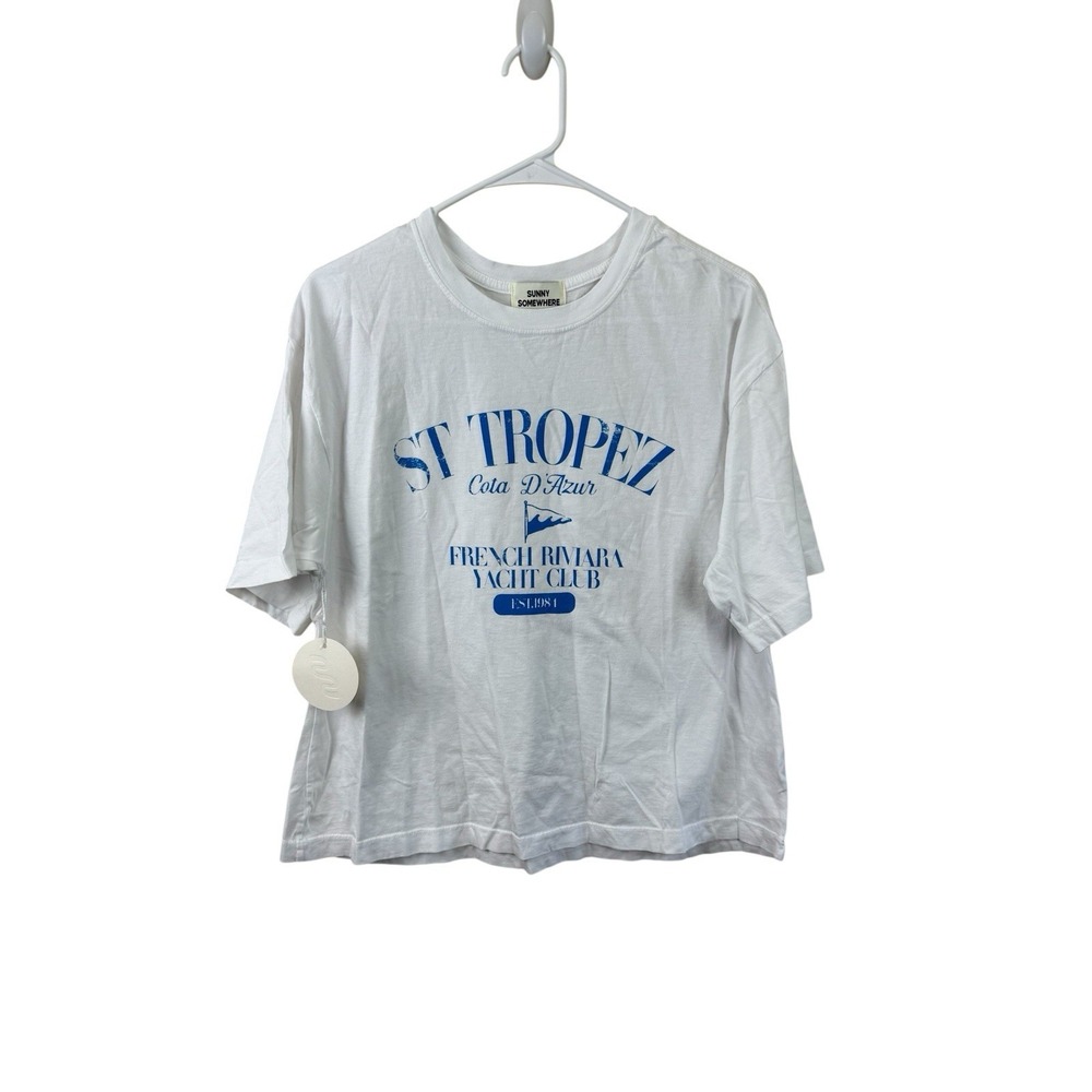 Sunny Somewhere St Tropez Beach Riviera Yacht Women's White T-Shirt Small NWT